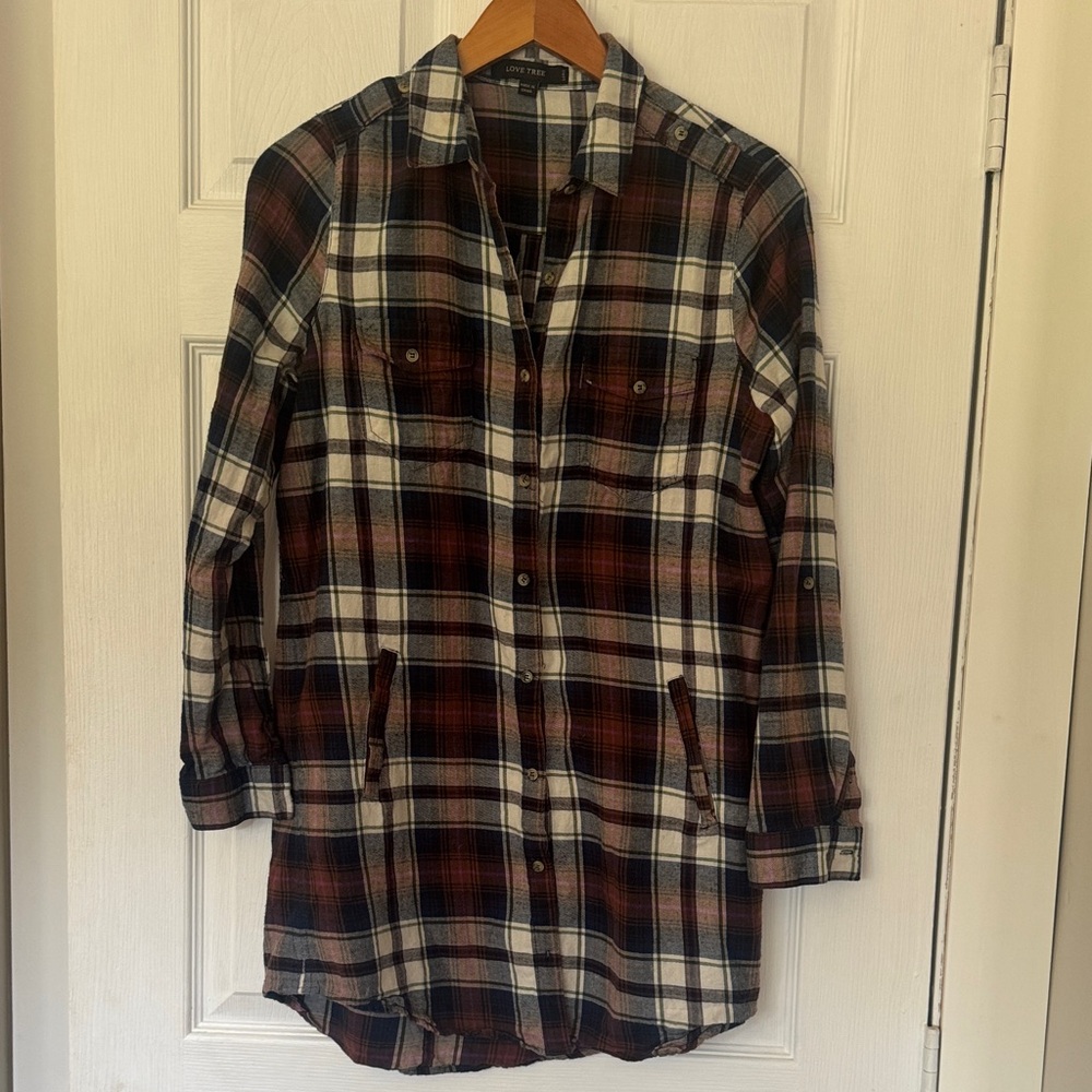 Love Tree Plaid Flannel Button-Up Shirt/Tunic